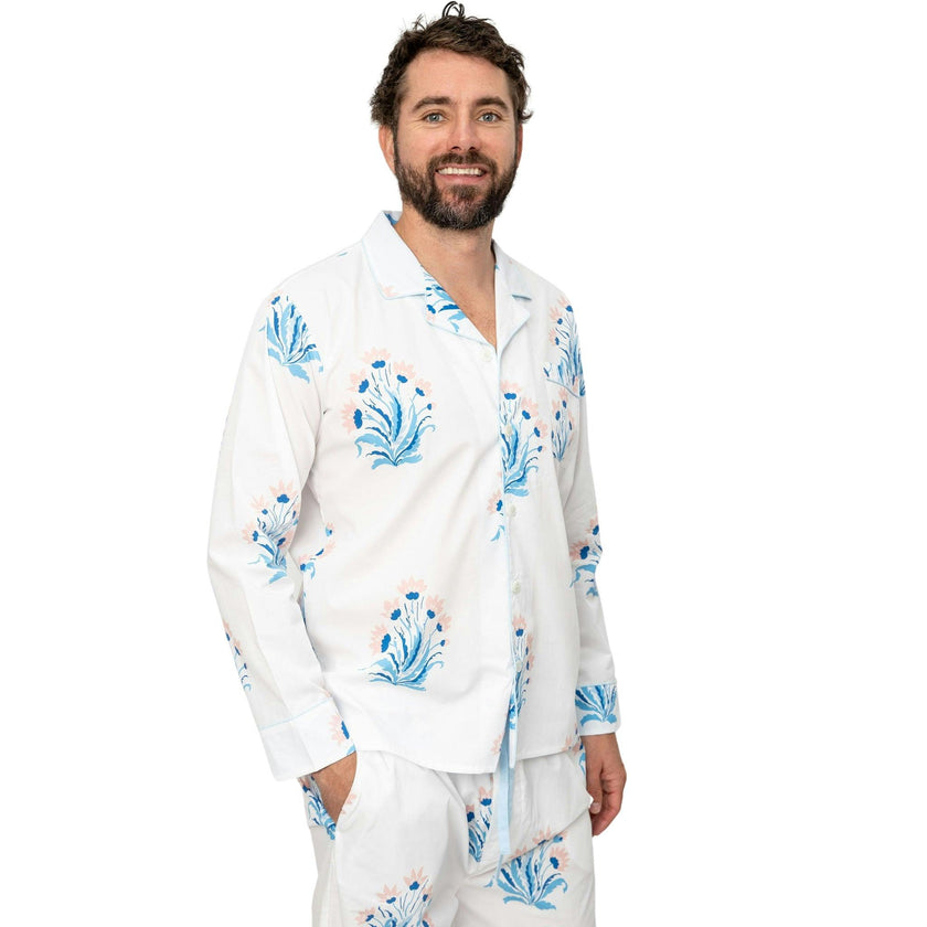 Men's Nathan Turner Hillhouse Long PJ Set - Blue Pink Organic Cotton Poplin
