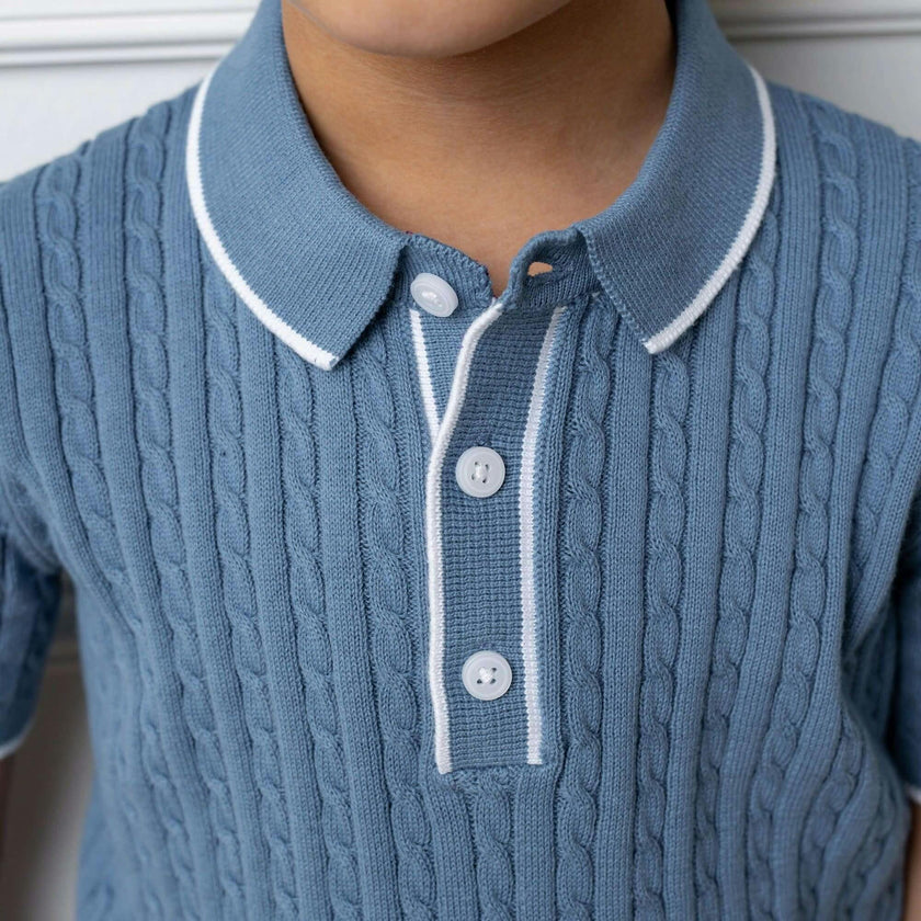 Organic Short Sleeve Sweater Polo with Tipping, Blue
