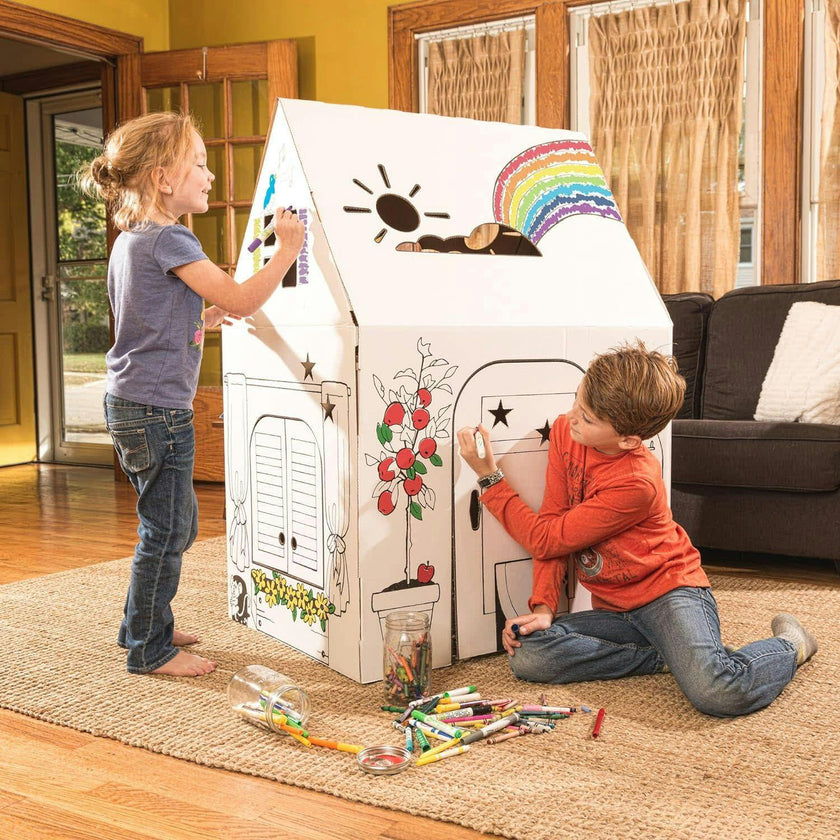 Cardboard Coloring Playhouse Clubhouse - Kids Art and Craft for Indoor and Outdoor Fun