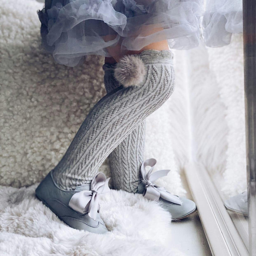 Grey Knee High Socks with Poms
