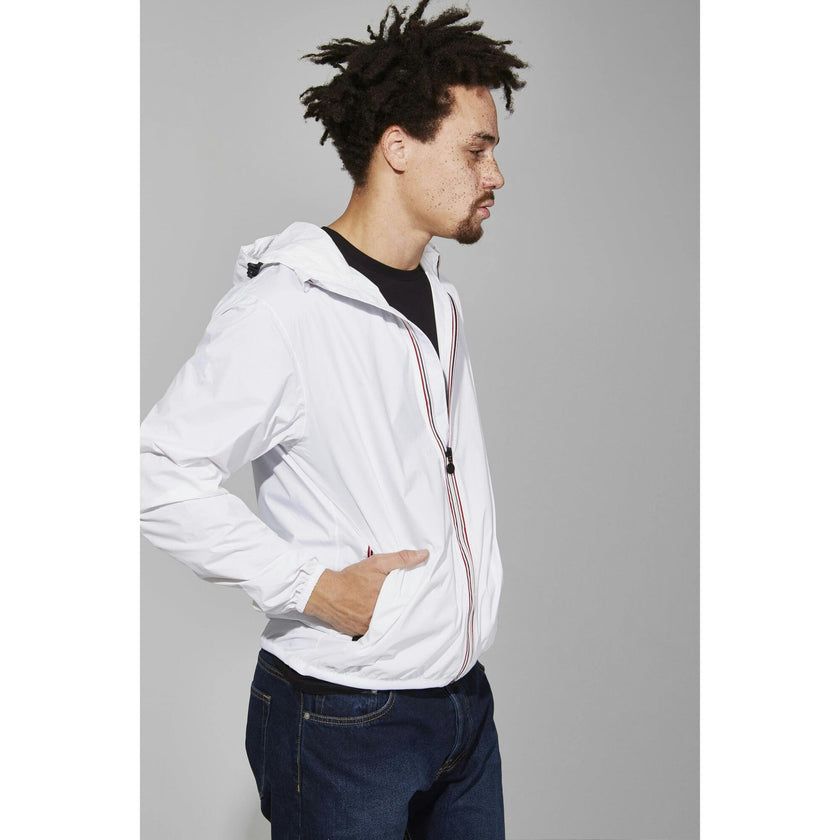 Navy full zip packable rain jacket and windbreaker
