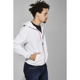 Navy full zip packable rain jacket and windbreaker