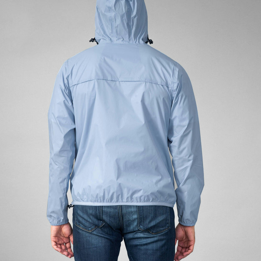 Powder blue full zip packable rain jacket and windbreaker