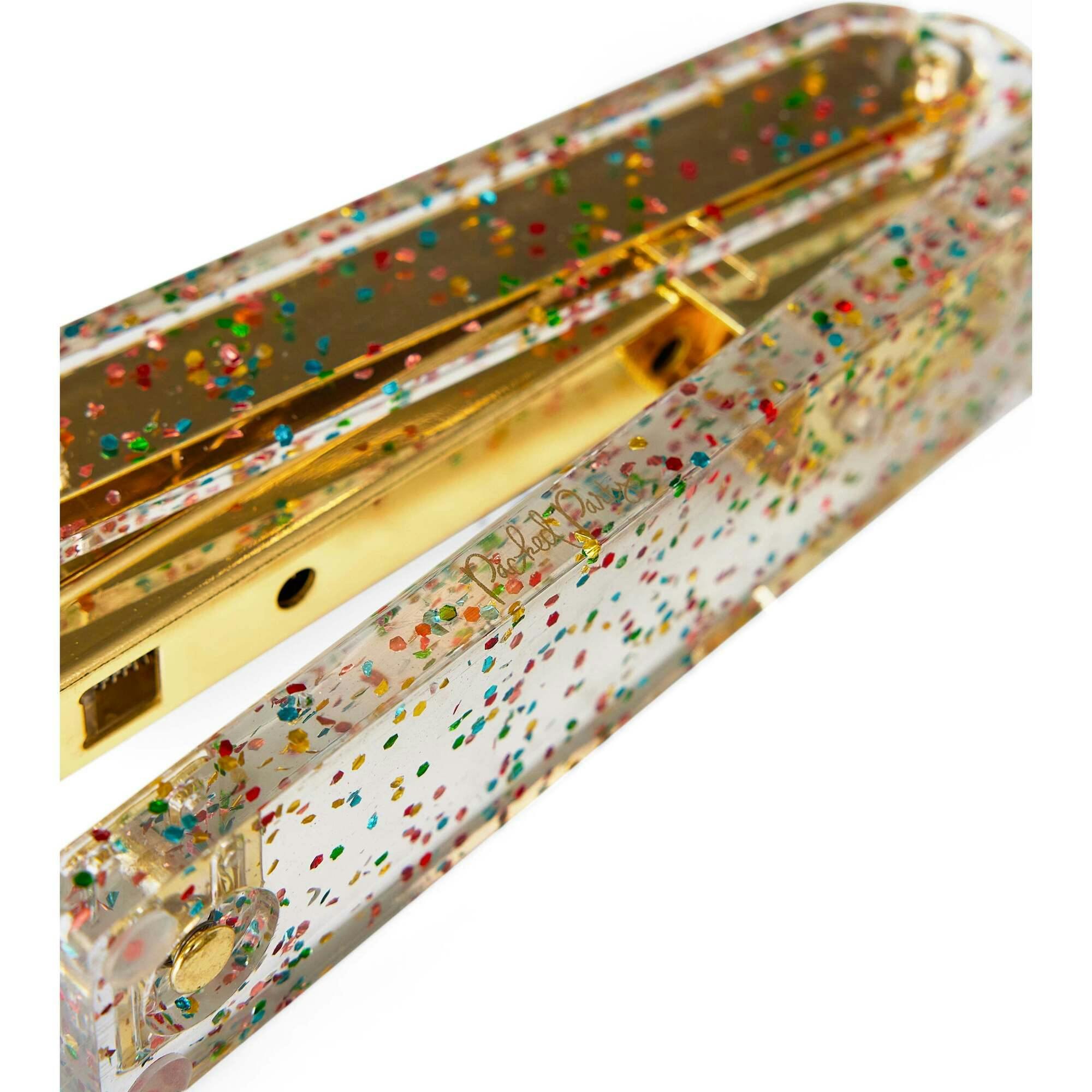 Packed Party Confetti Party Acrylic Stapler - Clear Confetti-Injected Acrylic Stapler with Gold Hardware for Home School and Office Desks, 5.75x2.75 Inch