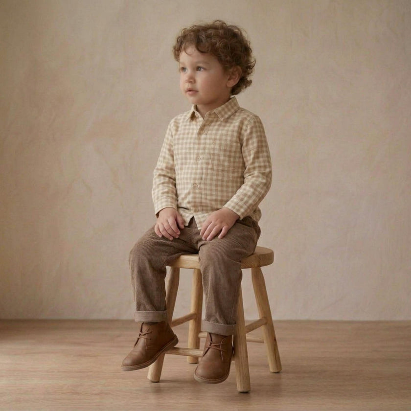 Organic Collared Long Sleeve Shirt - Oat Gingham