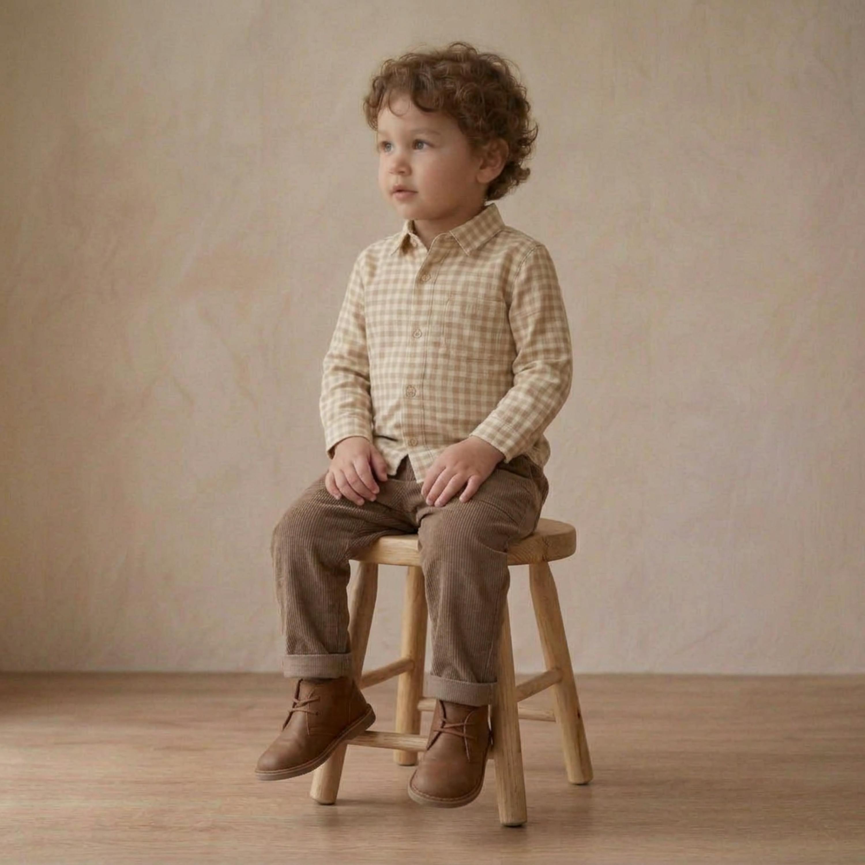 Organic Collared Long Sleeve Shirt - Oat Gingham