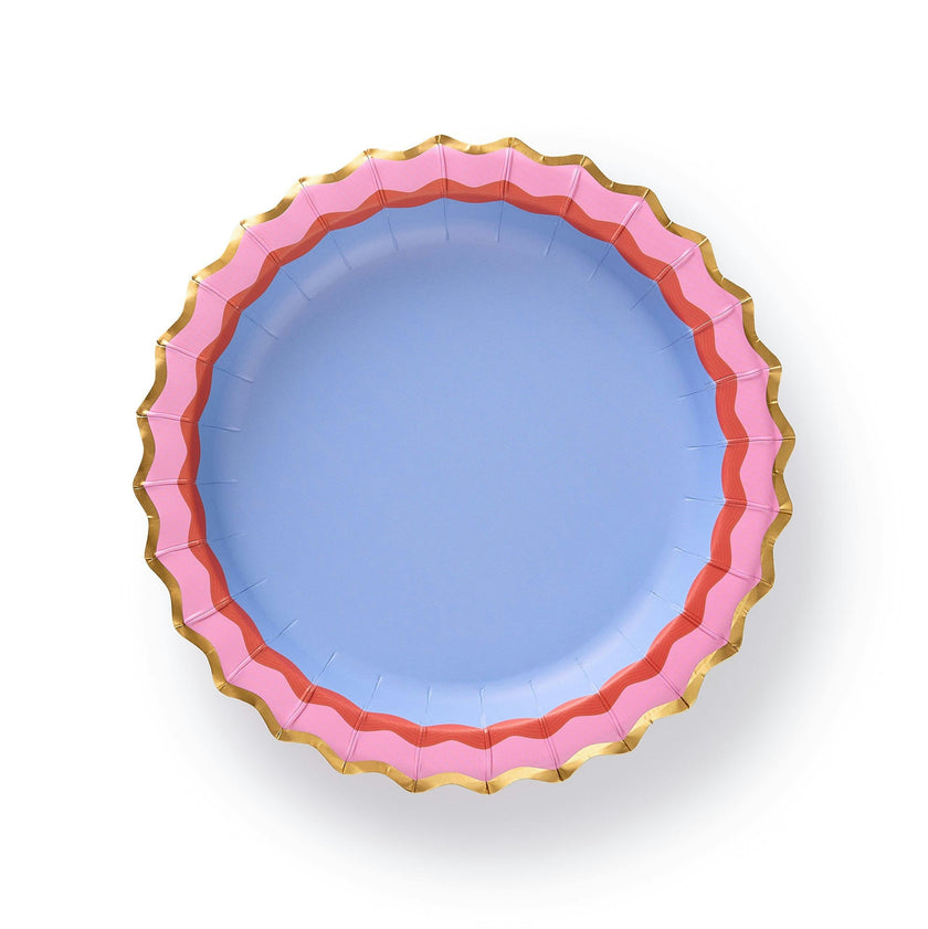 Packed Party Rainbow Ric Rac 10ct Paper Dessert Plates | Gold Foil Scalloped 5-Color Mix Party Plates | 8 Inch Birthday Plates