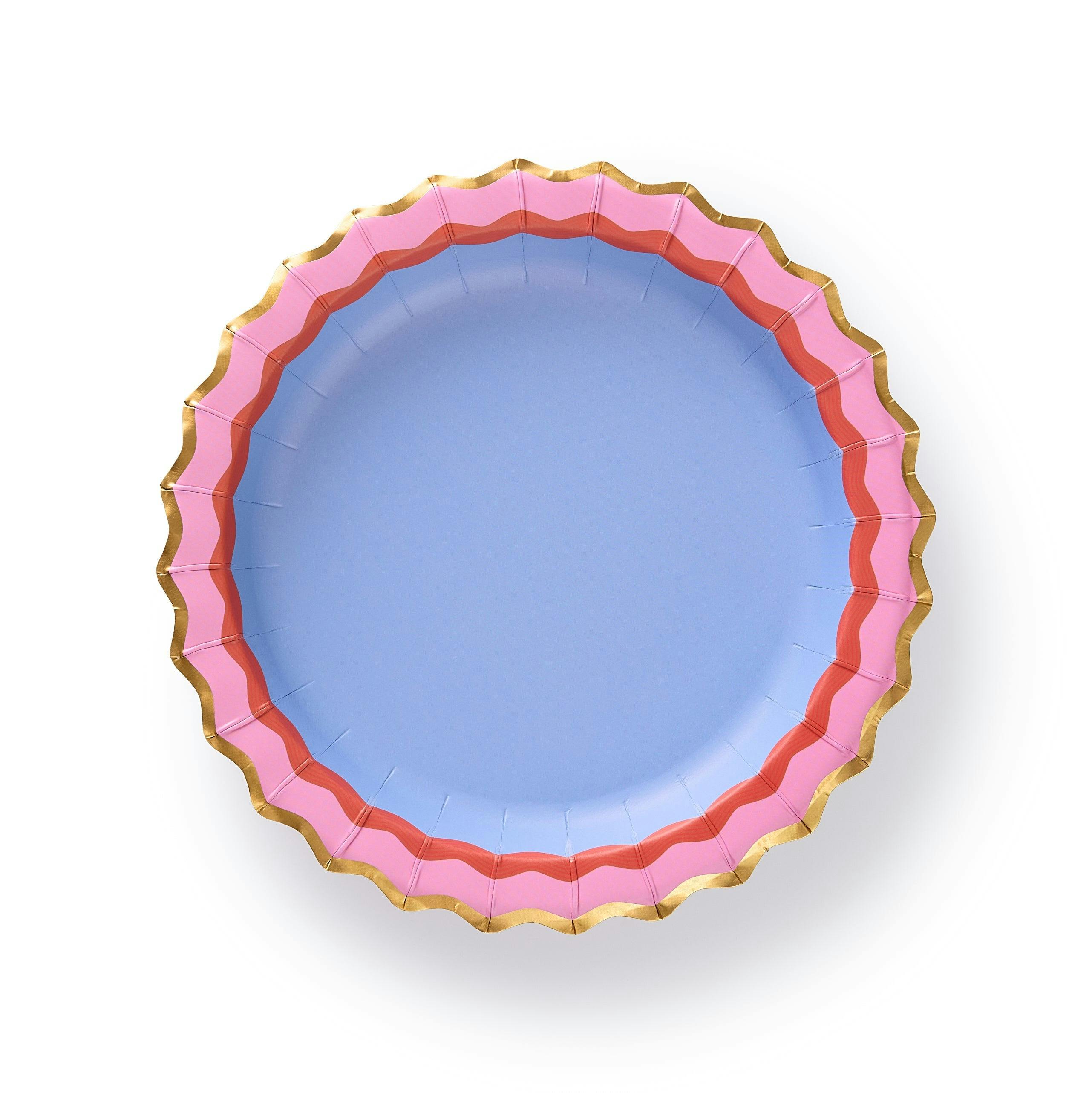 Packed Party Rainbow Ric Rac 10ct Paper Dessert Plates | Gold Foil Scalloped 5-Color Mix Party Plates | 8 Inch Birthday Plates