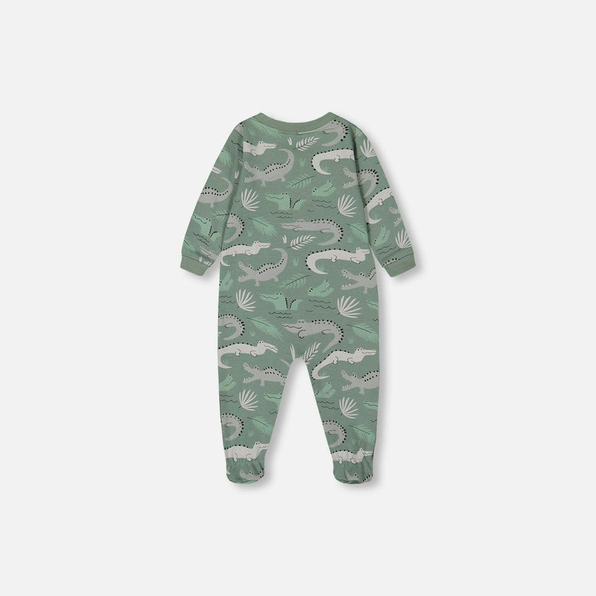 Printed Organic Cotton One-Piece Pajama Light Sage And Gray Crocodile