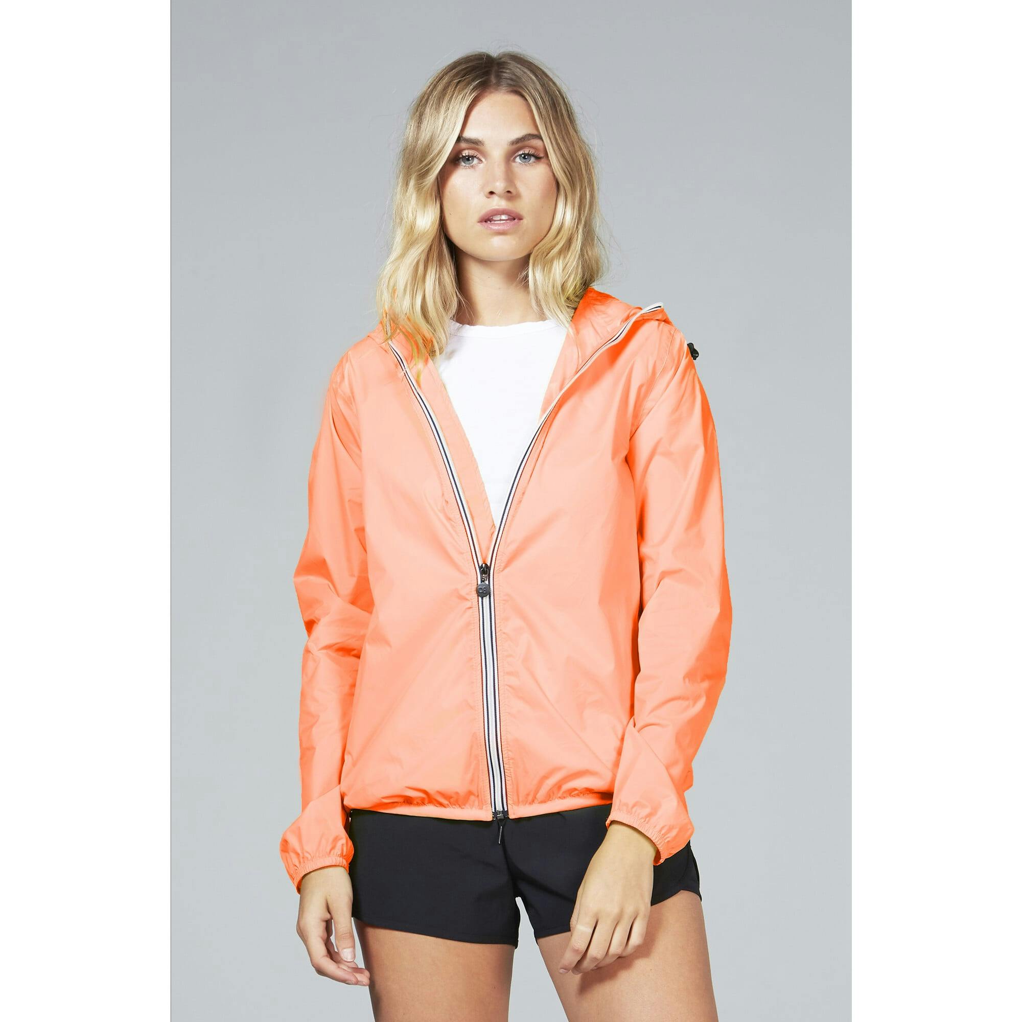 Orange fluo full zip packable rain jacket and windbreaker