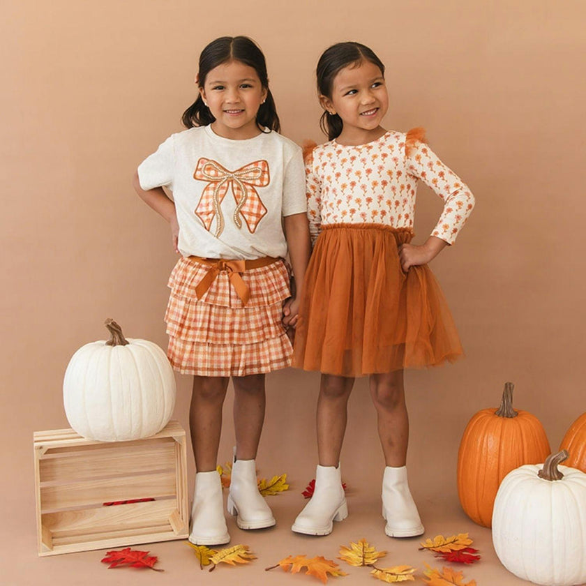 Cinnamon Plaid Bow Patch Short Sleeve T-Shirt