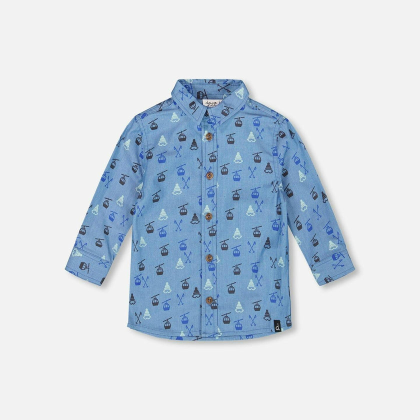 Printed Long Sleeve Button Front Chambray Shirt