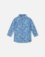 Printed Long Sleeve Button Front Chambray Shirt
