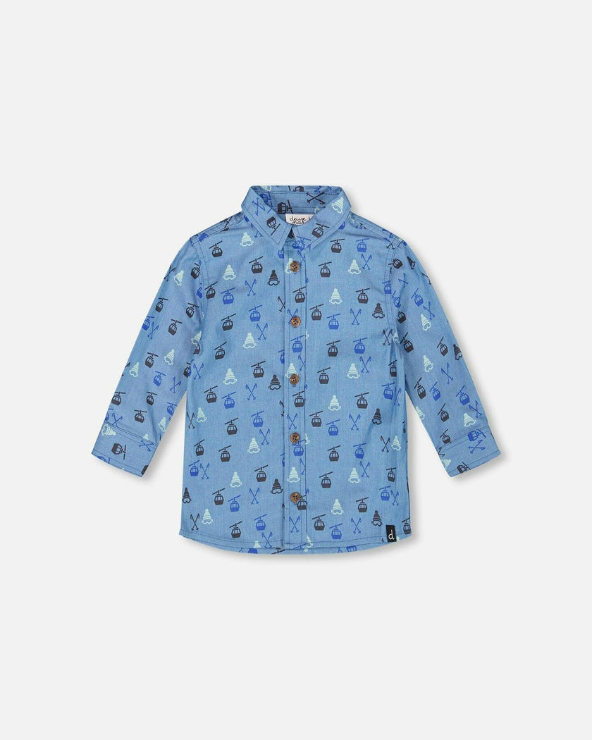 Printed Long Sleeve Button Front Chambray Shirt