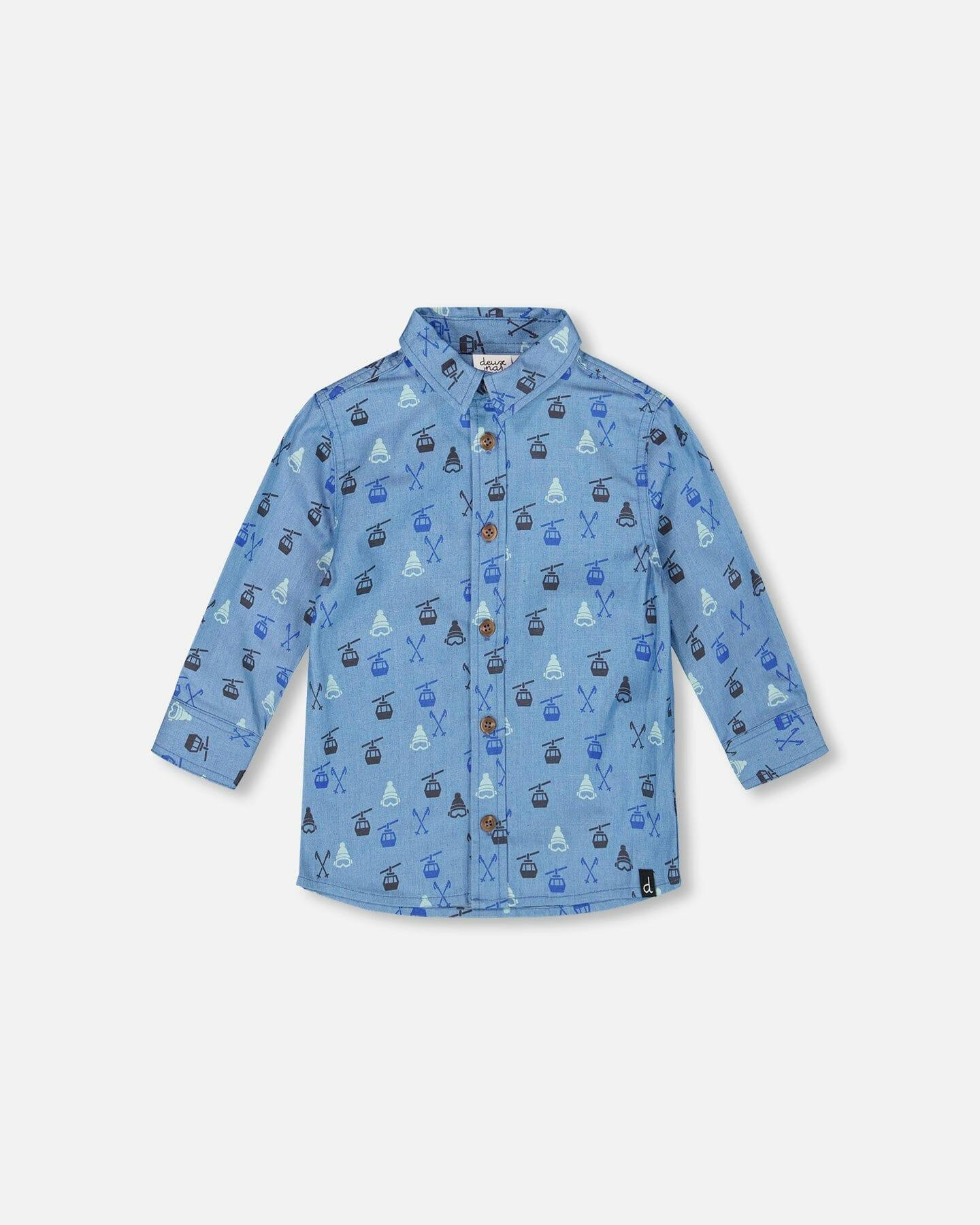 Printed Long Sleeve Button Front Chambray Shirt
