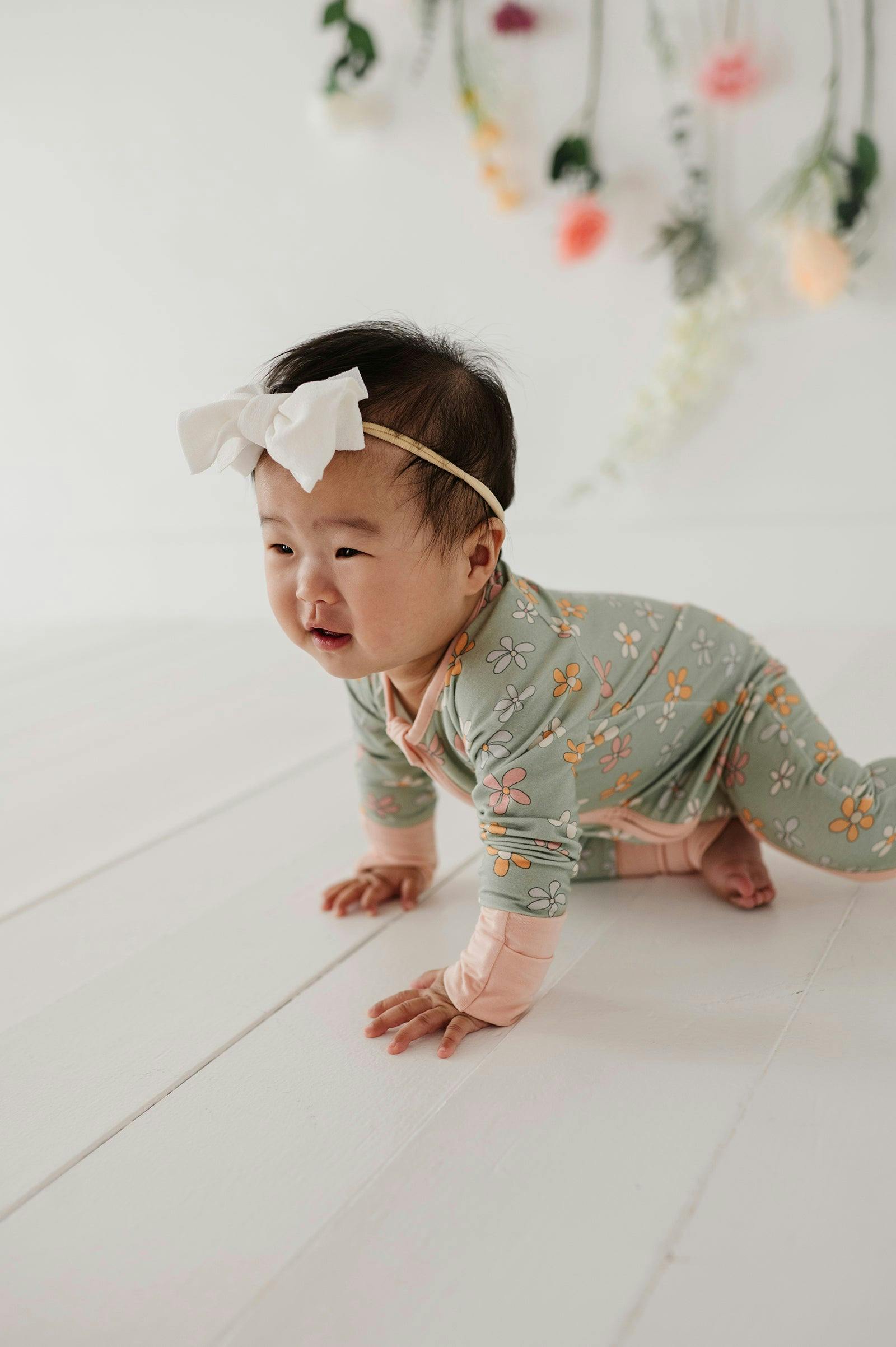 Baby Girl Long Sleeve Zip Romper in Sketched Daisy