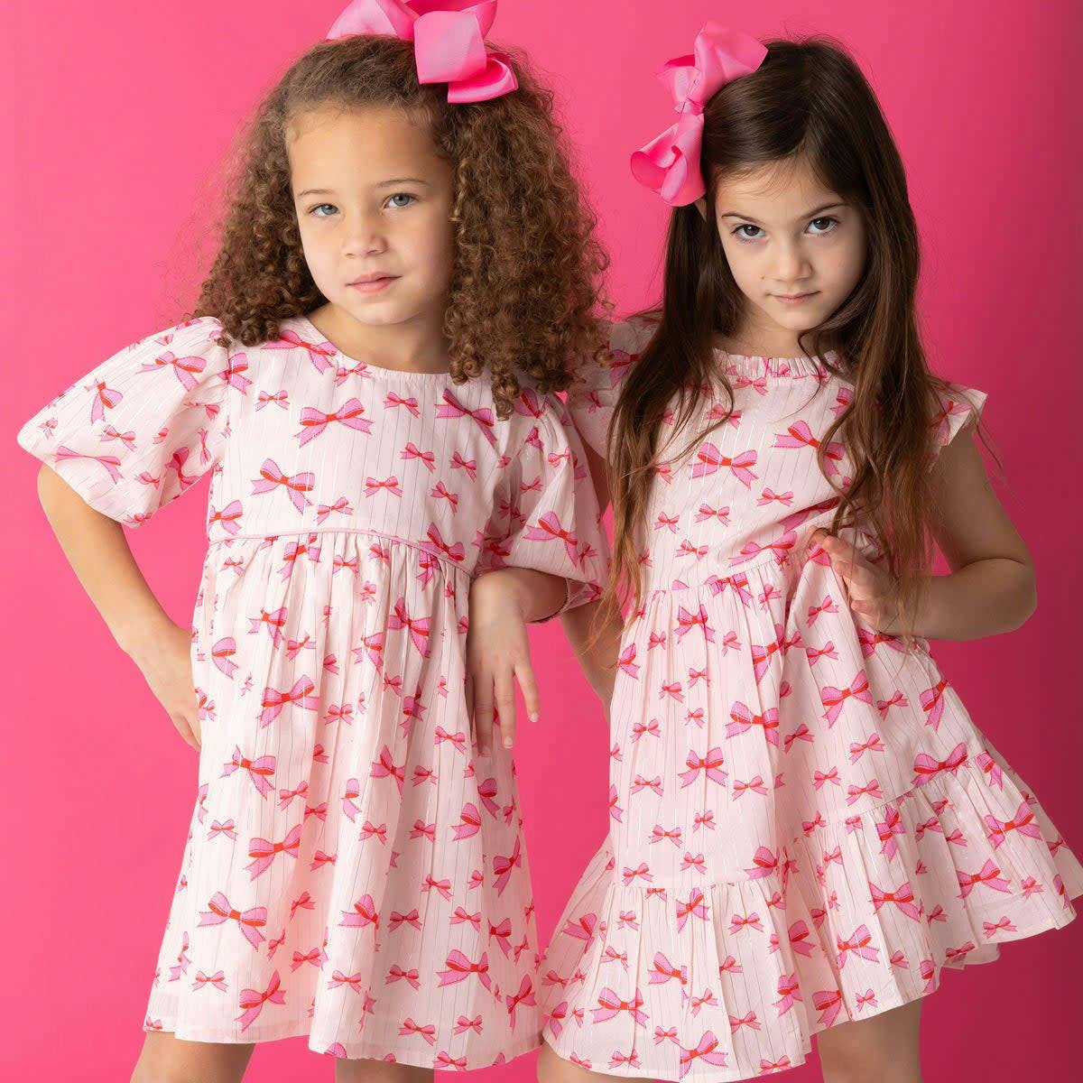 Pink Bows Ruffle Neck Sleeveless Back Button Side Pocket Dress