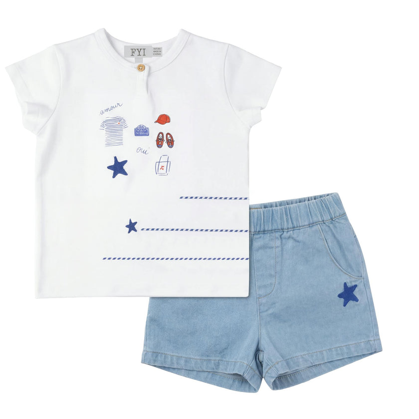 Star Embroidered Woven Denim Set