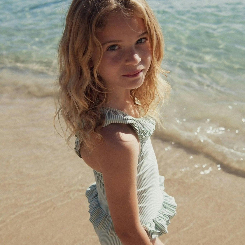 Girls' one-piece swimsuit with green stripes | CANDY 1P