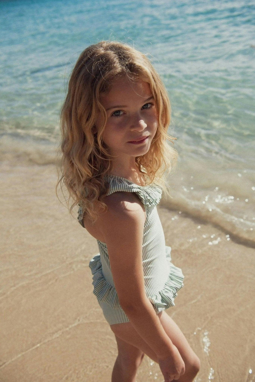 Girls' one-piece swimsuit with green stripes | CANDY 1P