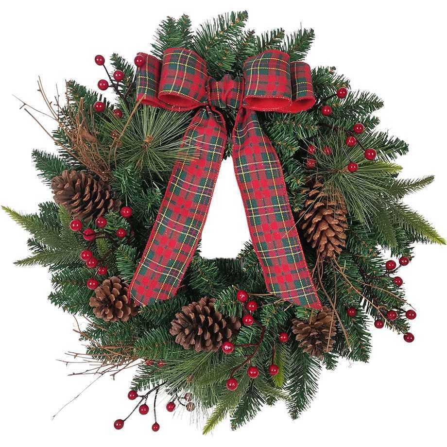 24-Inch Decorated Unlit Green Wreath with Bow