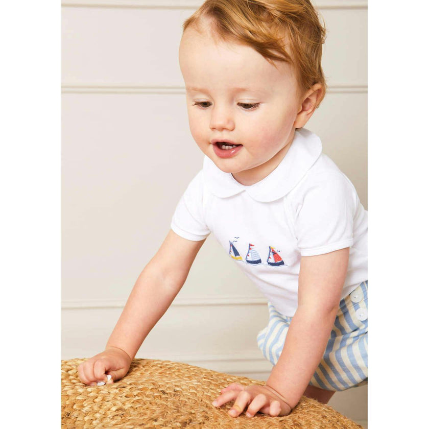 Embroidered Boat Motif Peter Pan Collar Bodysuit in White (1mth-3yrs)