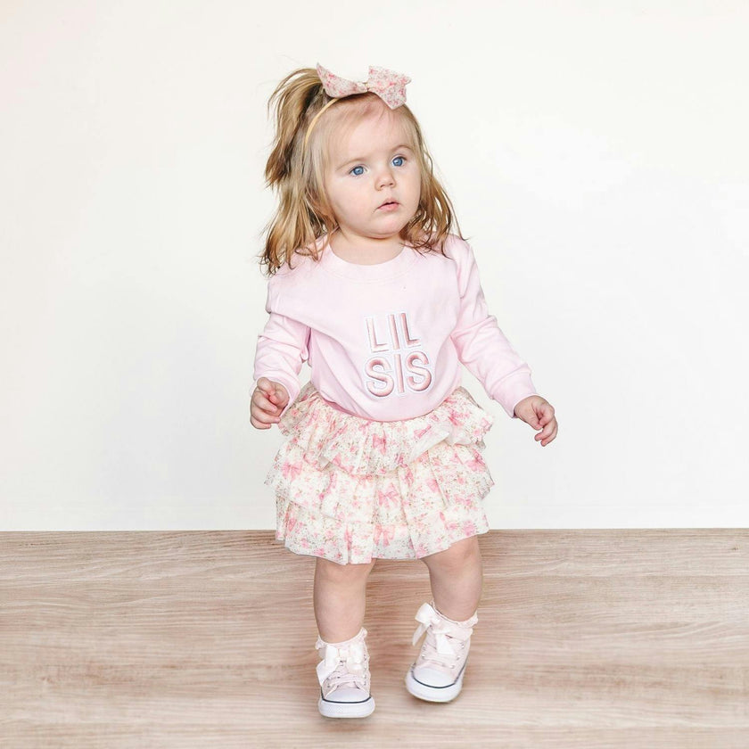 Lil Sis Embroidered Patch Long Sleeve Romper - Ballet