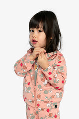 French Terry Hooded Cardigan Pink Cat Print