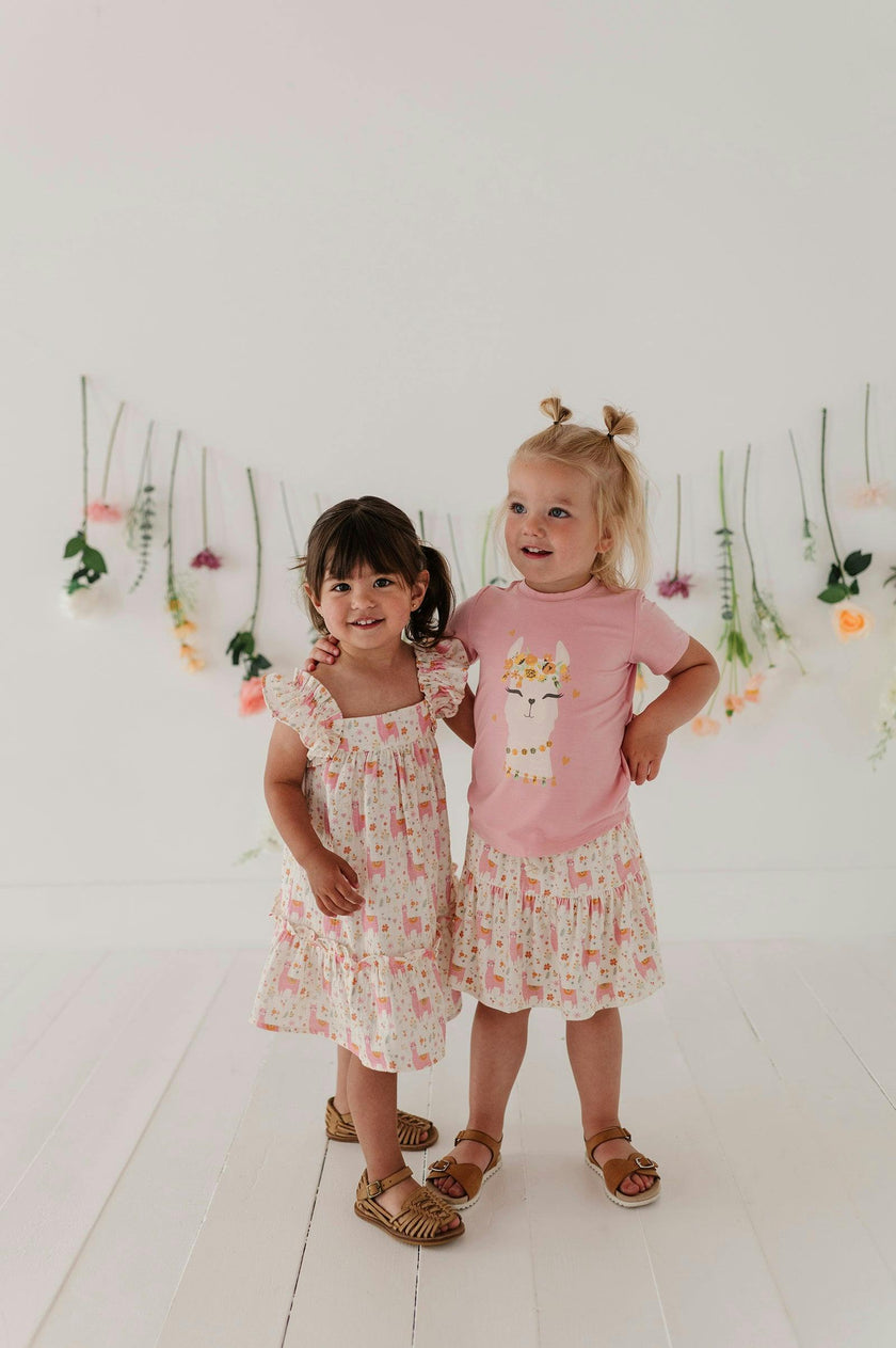 Girls Drop-Waist Peplum Dress in Llamas