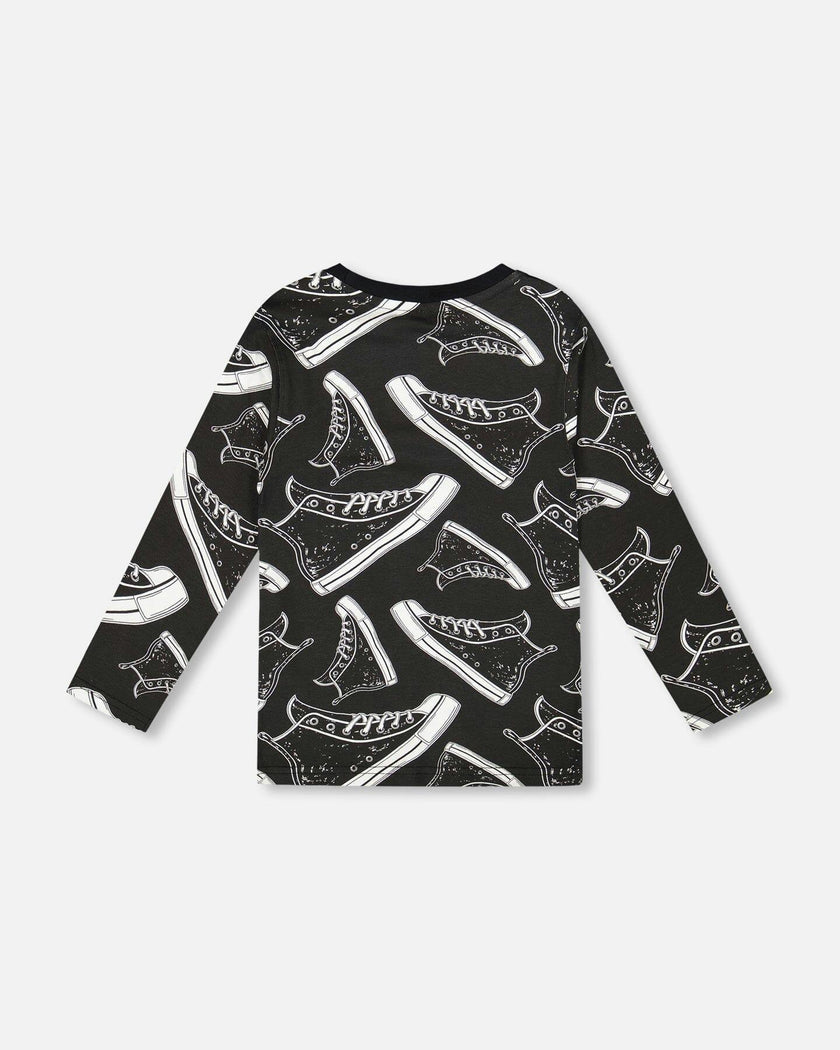 Long Sleeve Organic Cotton Allover Print Tee Black