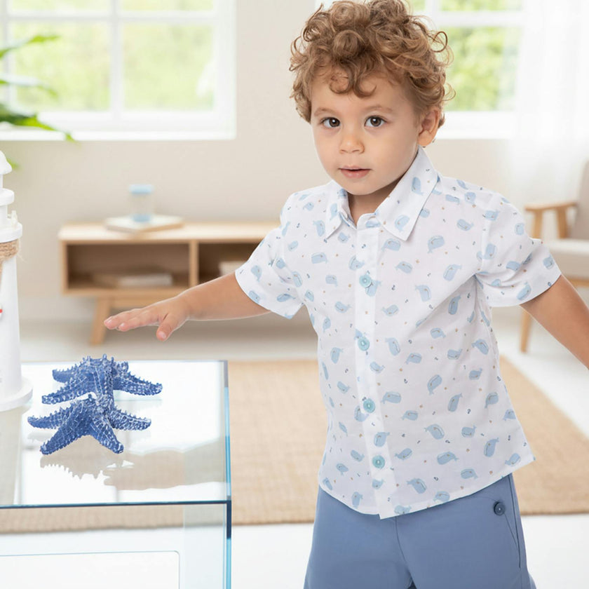 Colin Baby Boy Shirt Short Sleeve Cotton, Blue Whale