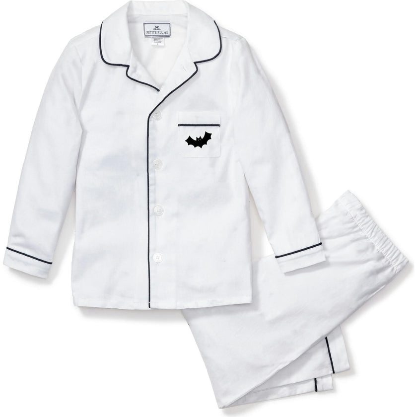 Kid's Twill Pajama Set in White with Navy Piping