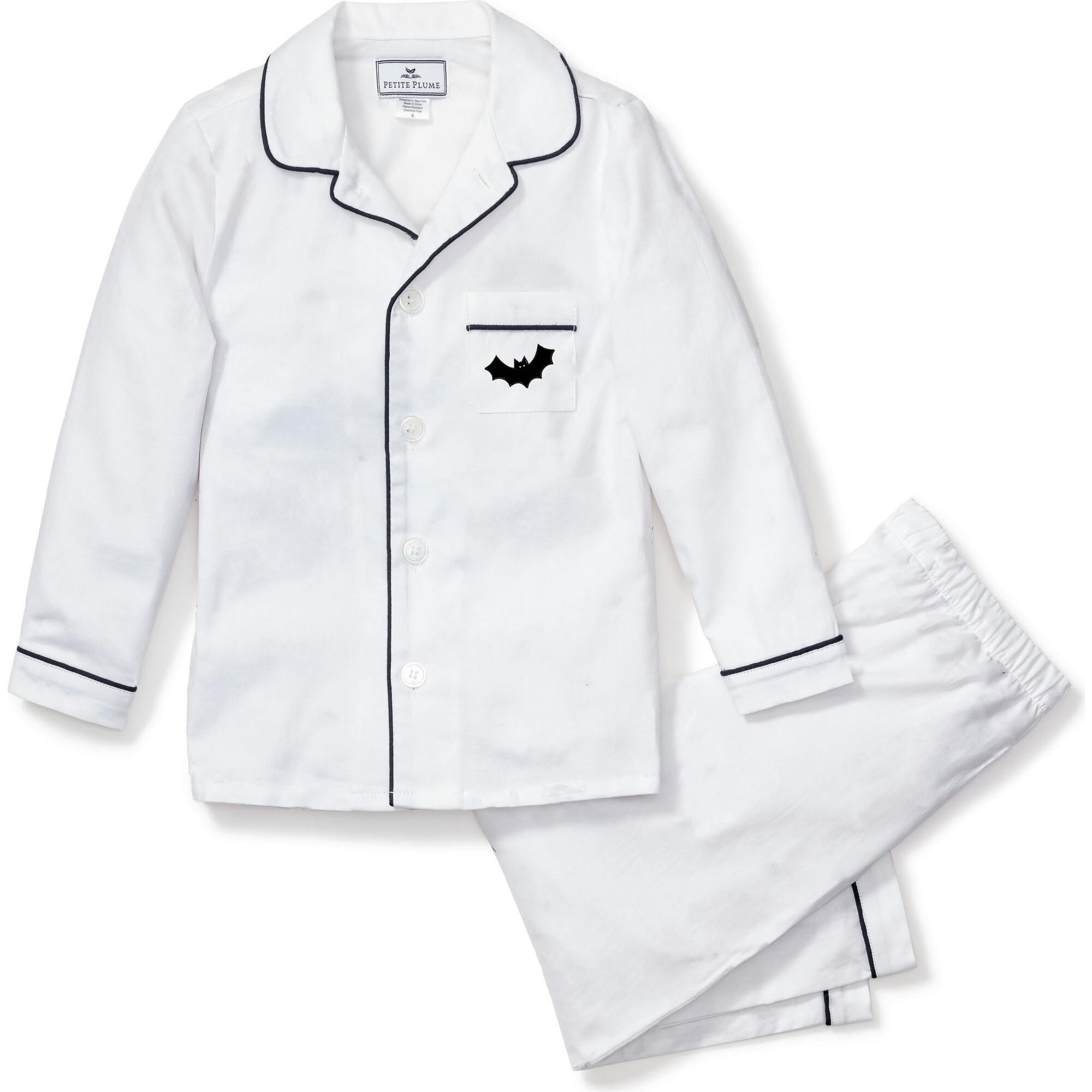 Kid's Twill Pajama Set in White with Navy Piping