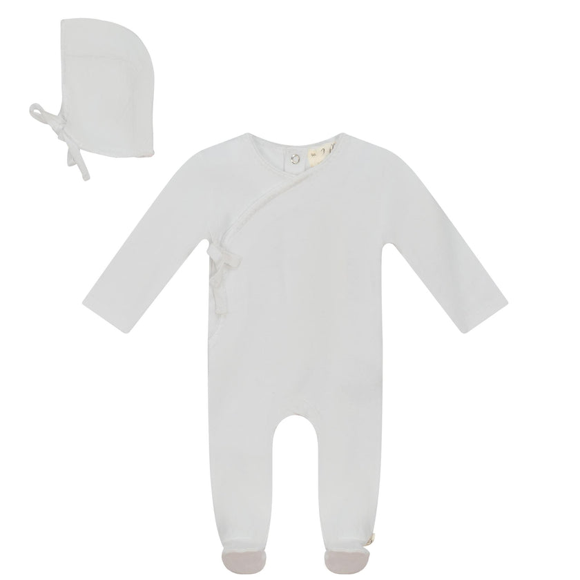 Wrap Snap Front Knit Romper and Bonnet Two Piece Set