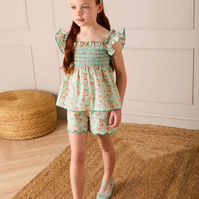 Mabel Floral Scallop Edge High Waisted Shorts in Green (2-12yrs)