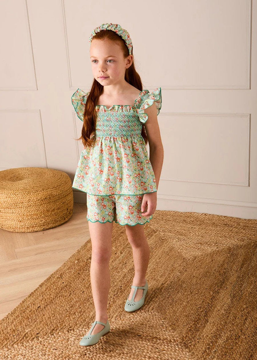 Mabel Floral Scallop Edge High Waisted Shorts in Green (2-12yrs)
