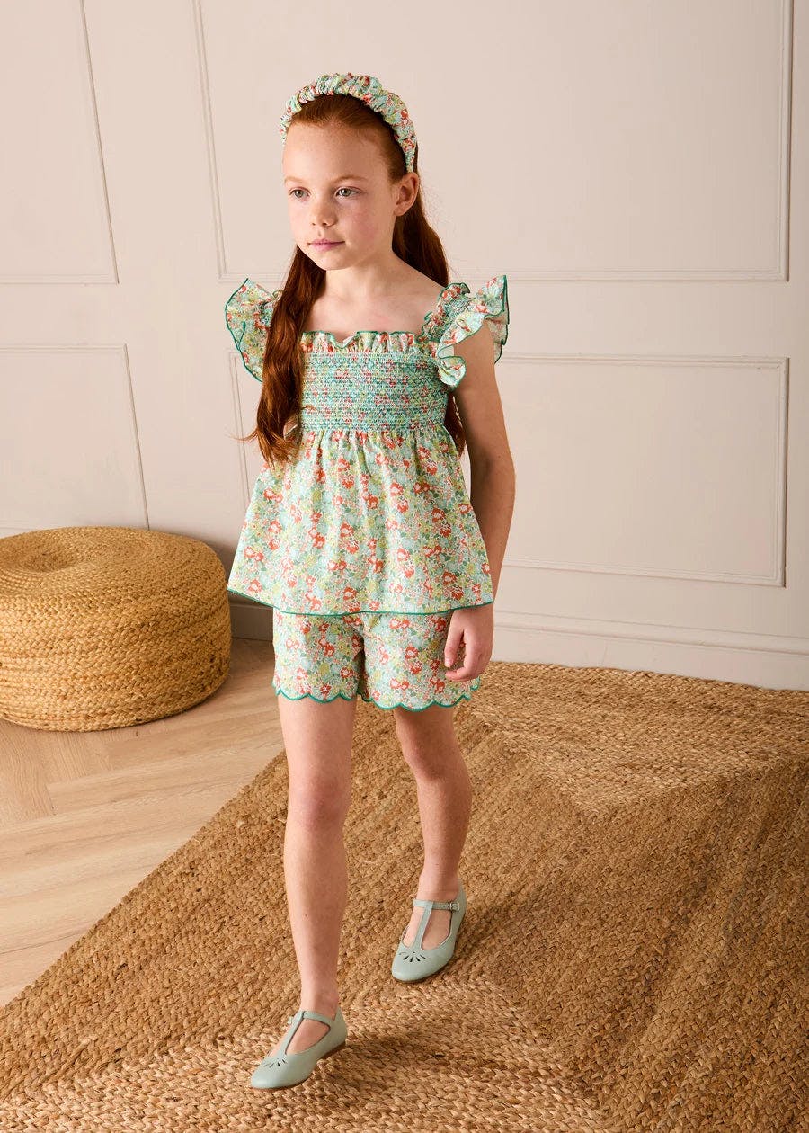 Mabel Floral Scallop Edge High Waisted Shorts in Green (2-12yrs)