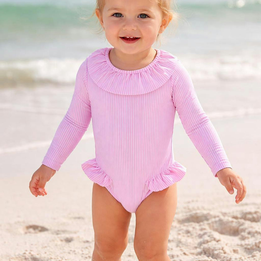 Girls' long-sleeved swimsuit with lilac stripes | CANDY BABY