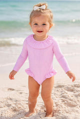 Girls' long-sleeved swimsuit with lilac stripes | CANDY BABY