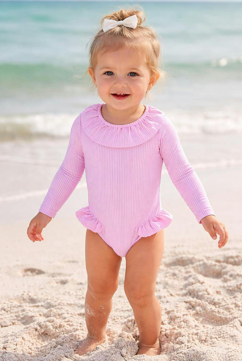 Girls' long-sleeved swimsuit with lilac stripes | CANDY BABY