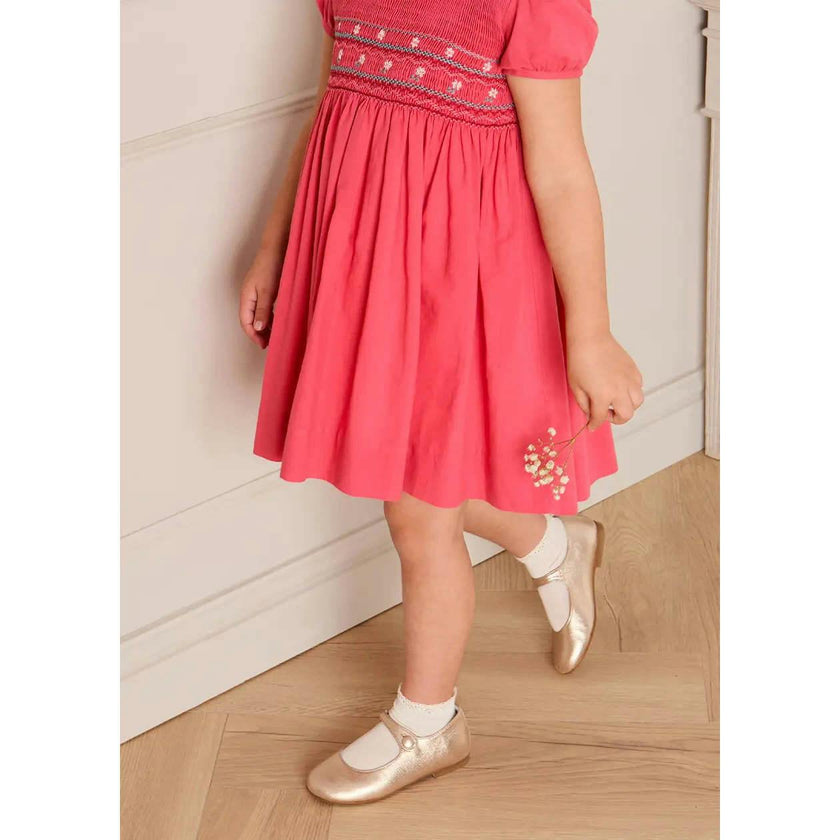 Hand Smocked Flower Embroidered Dress in Strawberry (12mths- 10yrs)