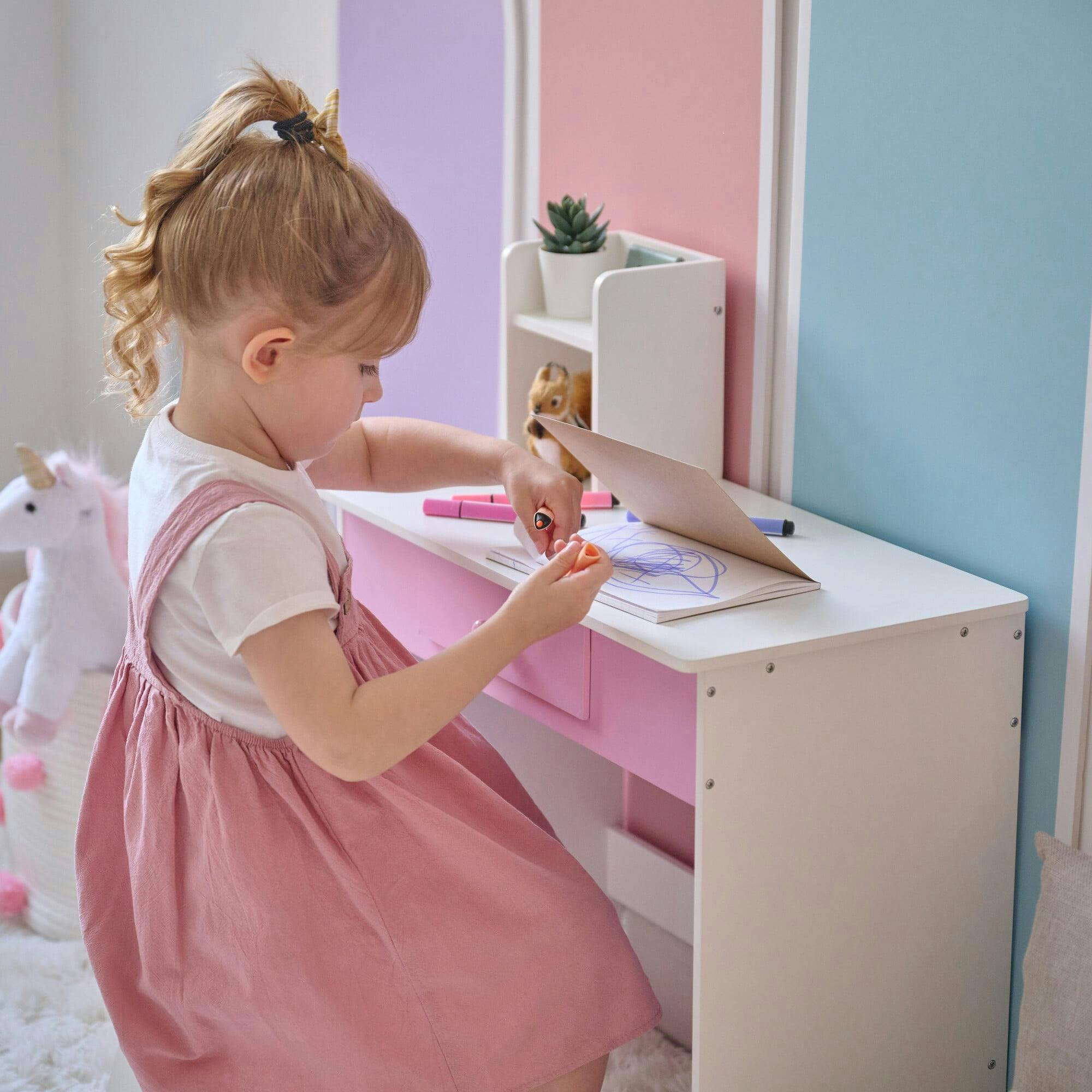 Rosé Shine Wood Vanity & Desk with LED Mirror & Stool