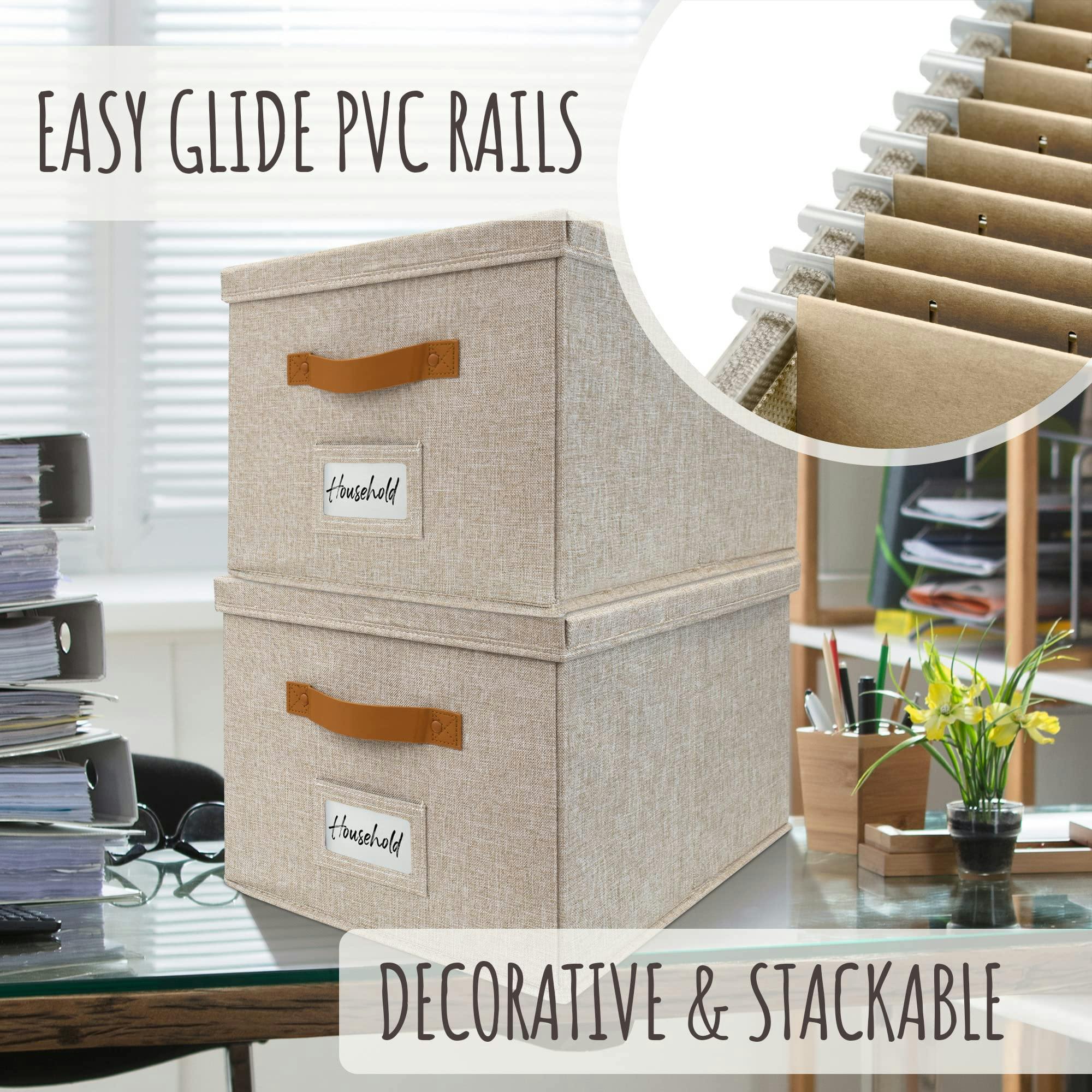 ZICOTO Decorative Ivory File Box Organizer Set of 2 - Collapsible Linen File Cabinet for Easy Folder Storage - Store All Your Documents and Folders in Style