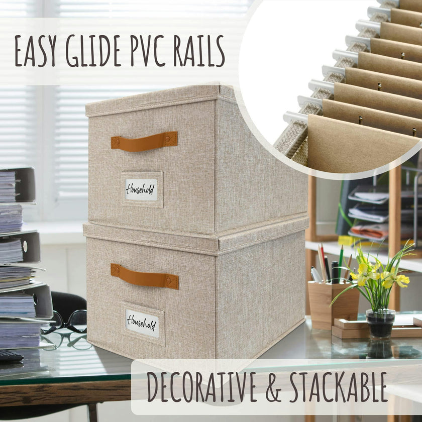 ZICOTO Decorative Ivory File Box Organizer Set of 2 - Collapsible Linen File Cabinet for Easy Folder Storage - Store All Your Documents and Folders in Style