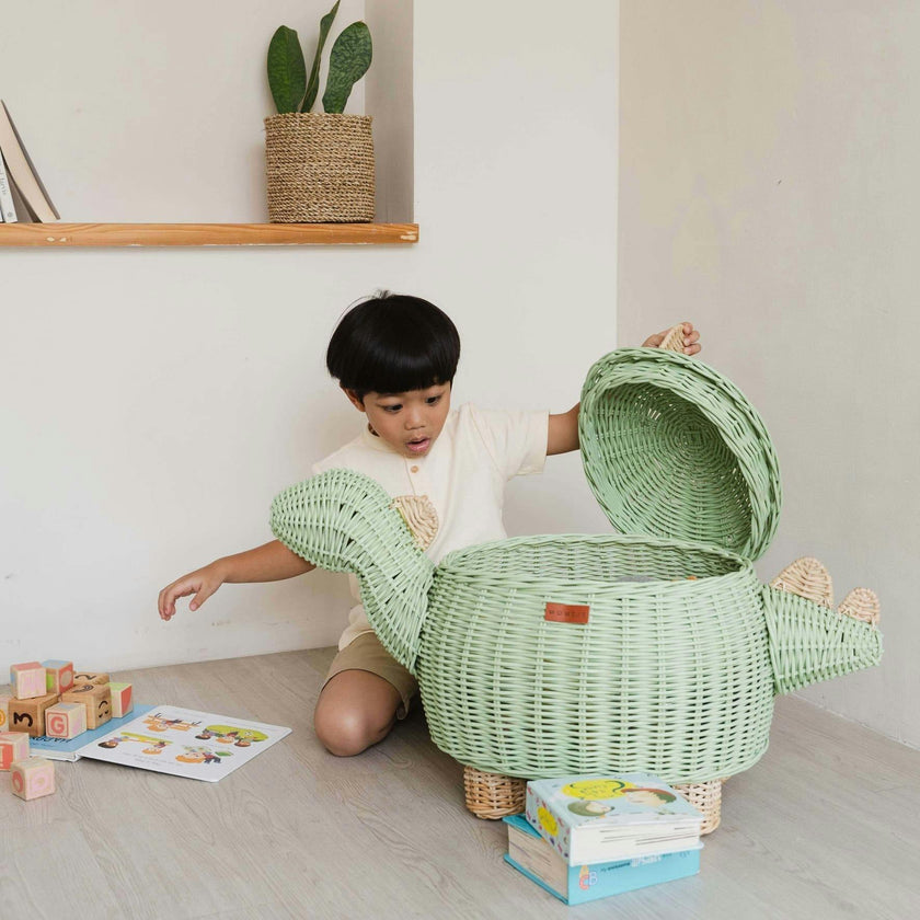 Handcrafted- Dinosaur Storage Basket Mint Green (Large) - Rattan Wicker