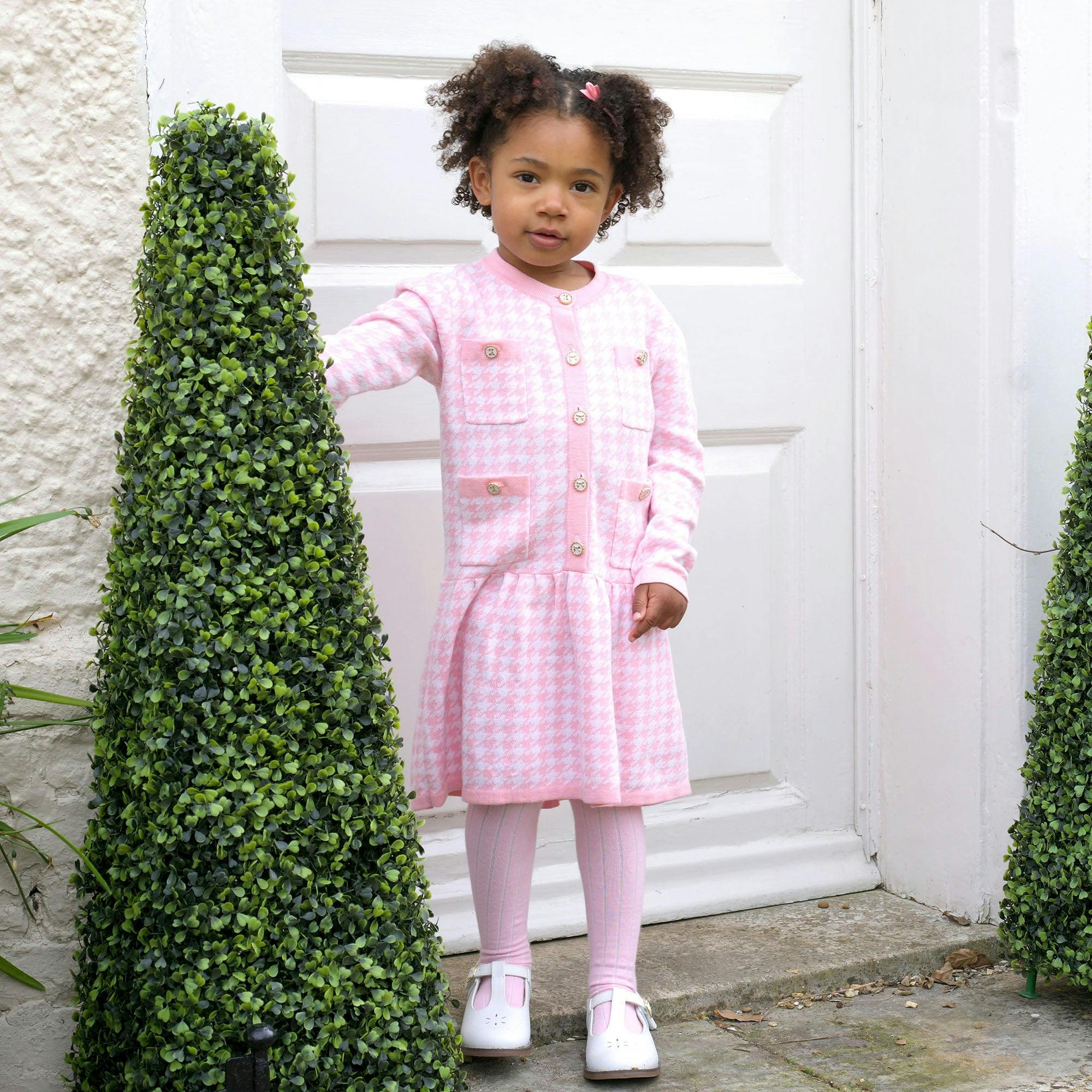 Pink Houndstooth Knit Dress