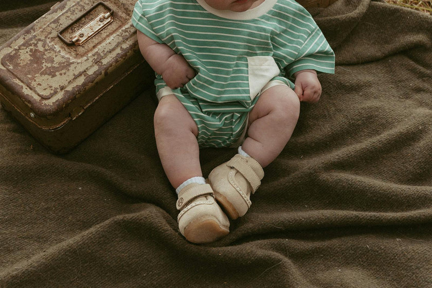 Cory Pocket Romper in Thin Mineral Green Stripe