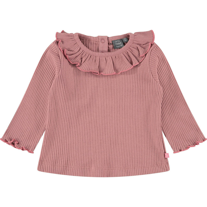 Ribbed Long Sleeve T-Shirt with Ruffled Collar