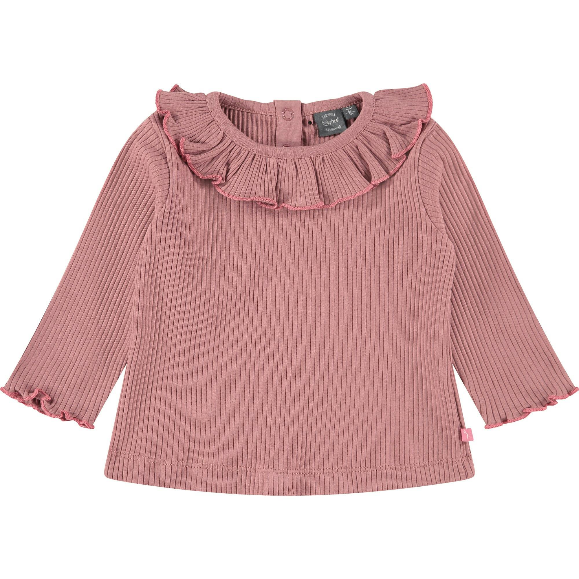Ribbed Long Sleeve T-Shirt with Ruffled Collar
