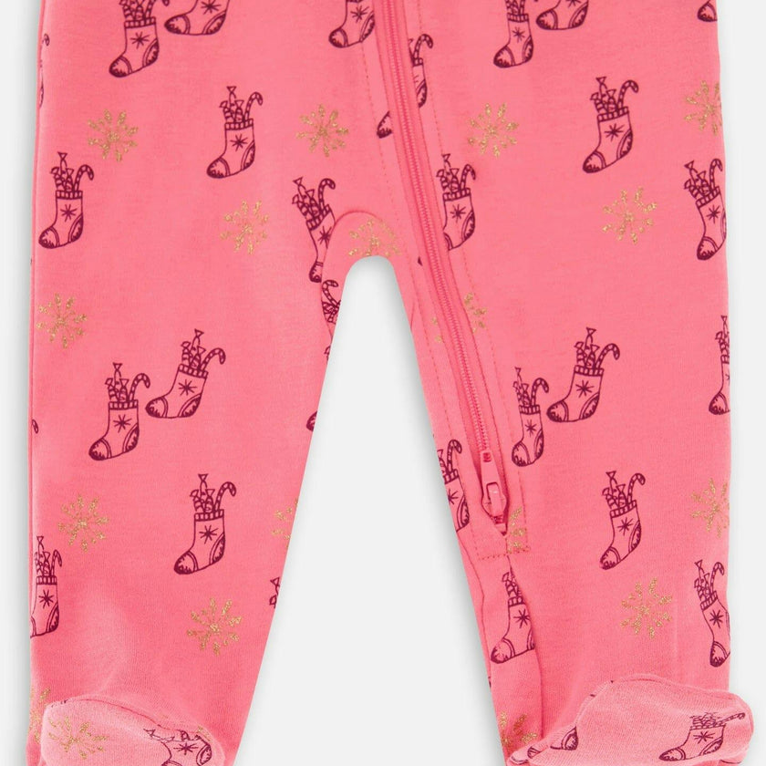 Organic Cotton One Piece Pajama Pink Christmas Stocking Print